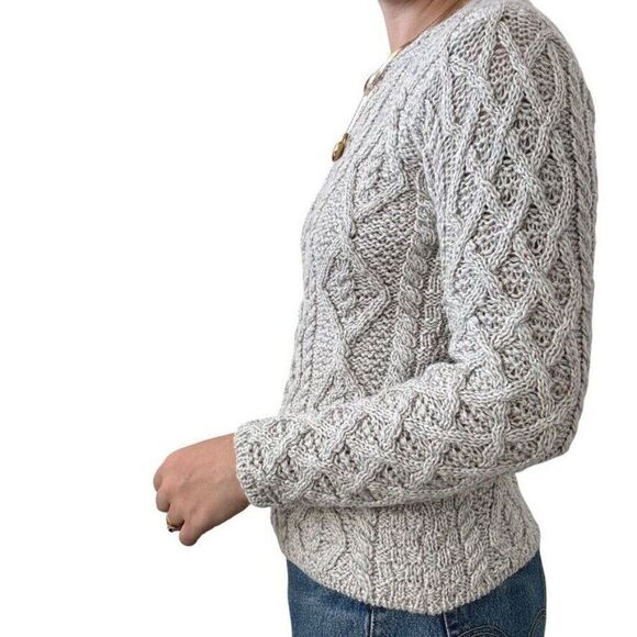 Aran Sweater Market Womens Light Gray Irish Fisherman Chunky 100% Wool Sweater S - Picture 6 of 7